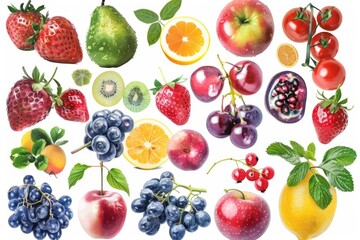 Naklejka premium Assortment of colorful fruits and vegetables on a white surface