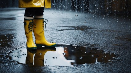 A person in yellow rain boots standing next to a puddle