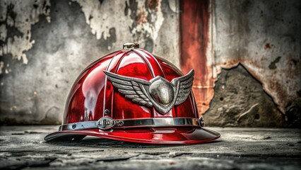 Fototapeta premium A bold, red, chrome-plated firefighter's helmet adorned with a shiny silver eagle emblem rests on a distressed, dirty, gray concrete surface, symbolizing bravery.