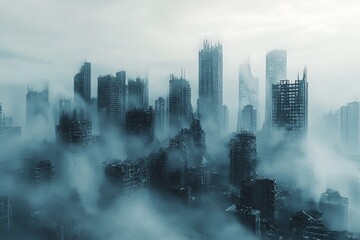 Fototapeta premium A haunting skyline of abandoned skyscrapers shrouded in mist, reflecting a post-apocalyptic urban landscape.