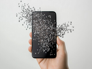 A hand holding a cell phone with a screen full of numbers