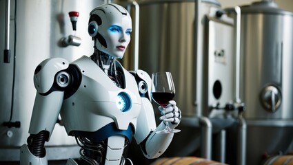A humanoid robot is holding a glass of red wine