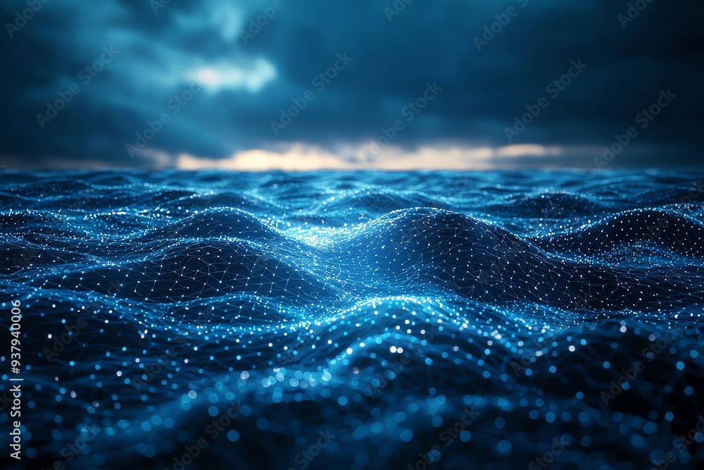 Poster a mesmerizing view of dark ocean waves illuminated by a shimmering blue glow, creating an enchanting