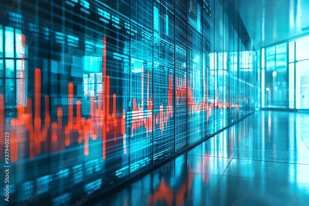 Poster a modern digital display featuring vibrant data visualizations in blue and red tones, perfect for fi