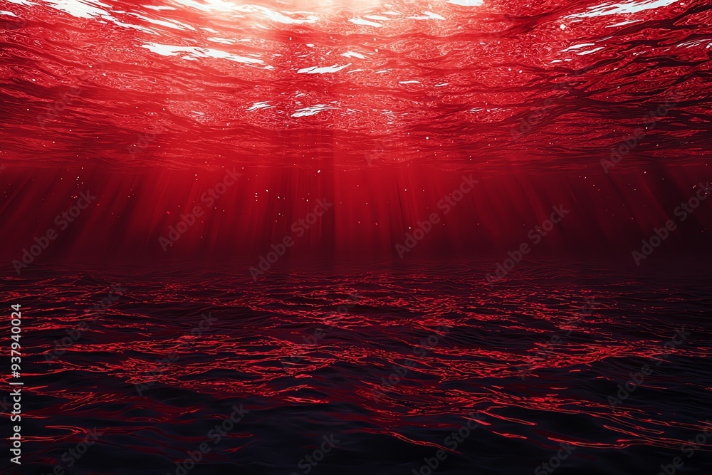 Poster a mesmerizing underwater scene illuminated by vivid red light, creating a surreal and enchanting vis