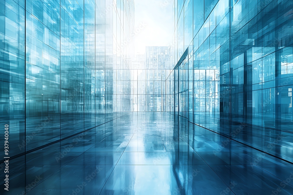 Poster a modern, abstract view of a glass building reflecting light, creating a serene and futuristic atmos