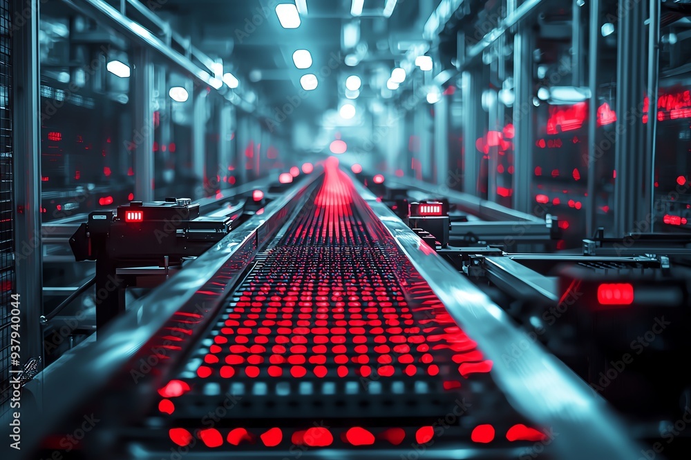 Poster a modern factory interior featuring advanced technology with red illuminated conveyor belts and mach