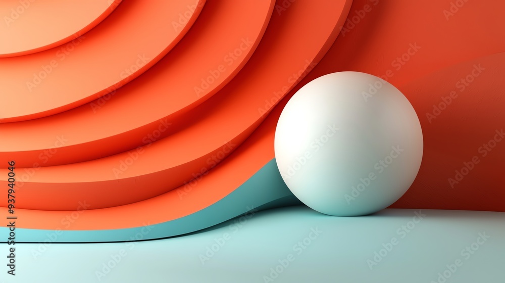 Poster a modern abstract design showcasing circular layers in orange and a white sphere resting against a s