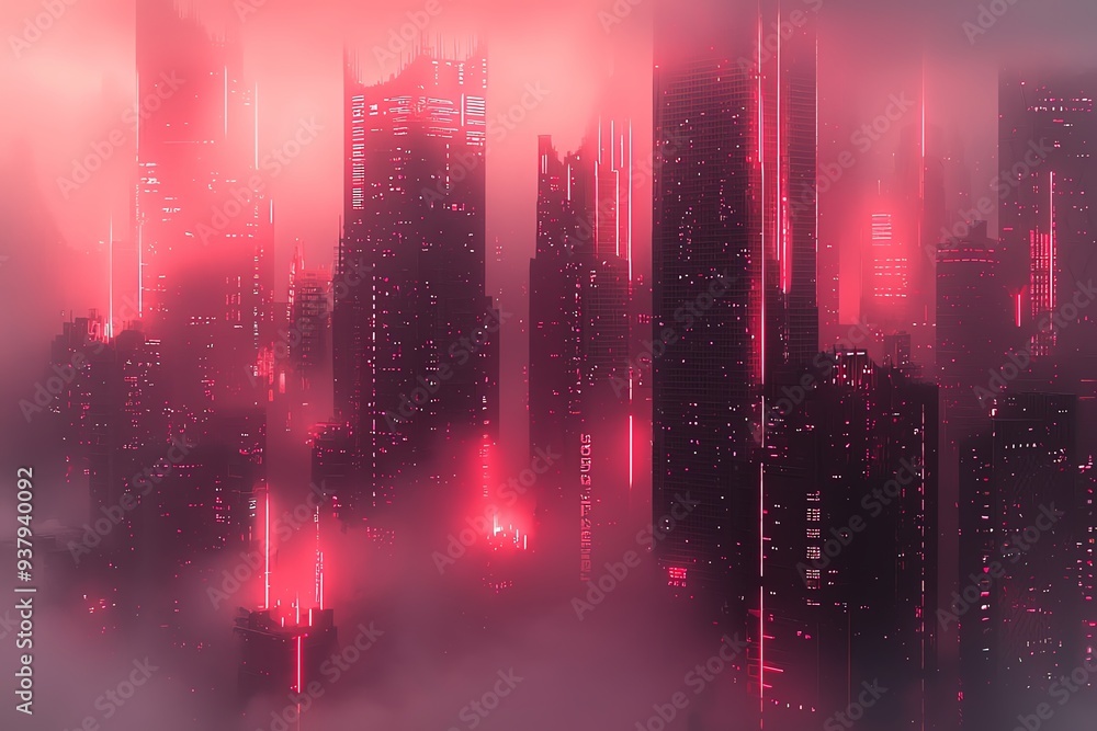Poster a mysterious cityscape shrouded in fog and illuminated by red lights, creating a surreal and atmosph
