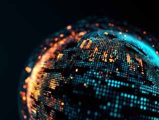 Digital Globe with Binary Code and Data Flow, Blue Grid and Golden Lights