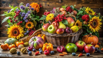 A bountiful harvest is artfully arranged on a rustic wooden table, featuring a vibrant assortment of fresh seasonal fruits amidst lush greenery and wildflowers.