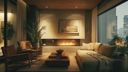 Fototapeta premium Urban Oasis: Modern Flat Poster Featuring Plush Sofa, Stylish Armchair, Cozy Fireplace & Expansive City Views – Perfect for Sporty Interiors and Contemporary Spaces!
