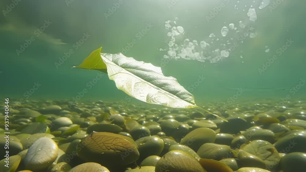 Poster large green leaf is floating on the surface of a clear body of water with rocks visible below the su