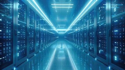 A modern data center with rows of servers with lots of flashing lights, with a wall display in the distance of large monitors depicting a network operations control center, blue tones. Generative AI.