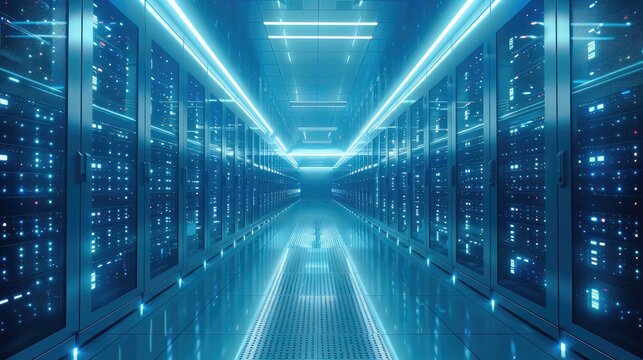 A modern data center with rows of servers with lots of flashing lights, with a wall display in the distance of large monitors depicting a network operations control center, blue tones. Generative AI.