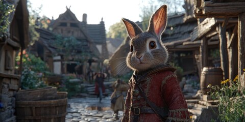 Enchanting Renaissance Rabbit Portrait: AI-Generated Zodiac Art for Year of the Rabbit. Whimsical Animal Character in Historical Attire for Creative Marketing. Elegant Abstract Design Perfect for Part