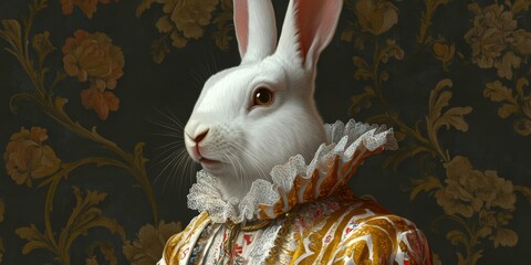 Enchanting Renaissance Rabbit Portrait: AI-Generated Zodiac Art for Year of the Rabbit. Whimsical Animal Character in Historical Attire for Creative Marketing. Elegant Abstract Design Perfect for Part