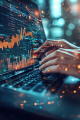 Financial Data Analysis,  Close-up of hands typing on a laptop, with layers of financial data and charts visible on the screen for analysis and insight