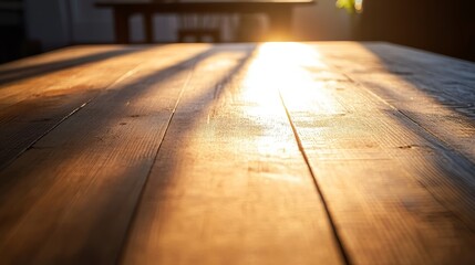 Obraz premium A close-up view of a rustic wooden table illuminated by warm sunlight, showcasing its natural texture and grain.