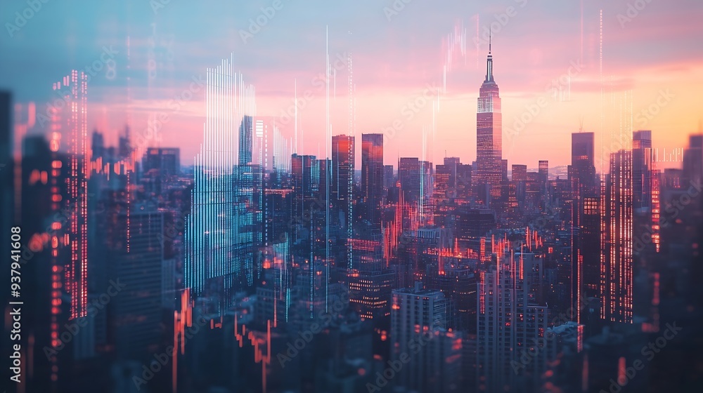 Poster double exposure of new york skyline and stock market charts representing a concept of urban finance 