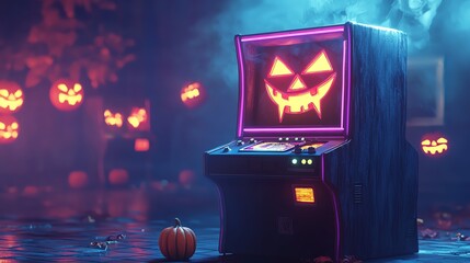 A spooky arcade game machine featuring a Halloween theme with glowing pumpkins and eerie fog, perfect for seasonal decorations.