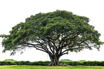 Fototapeta premium A large tree sits in the center of a lush green meadow, surrounded by nature