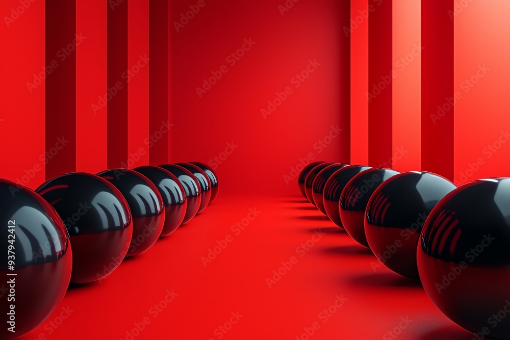 Poster a striking composition of black spheres lined up in a red corridor, creating a bold visual impact an