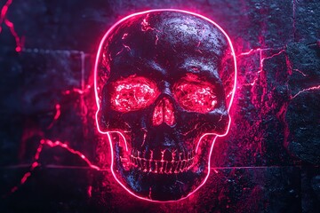 A striking skull illuminated by neon pink light, set against a dark background, perfect for creative and horror-themed projects.