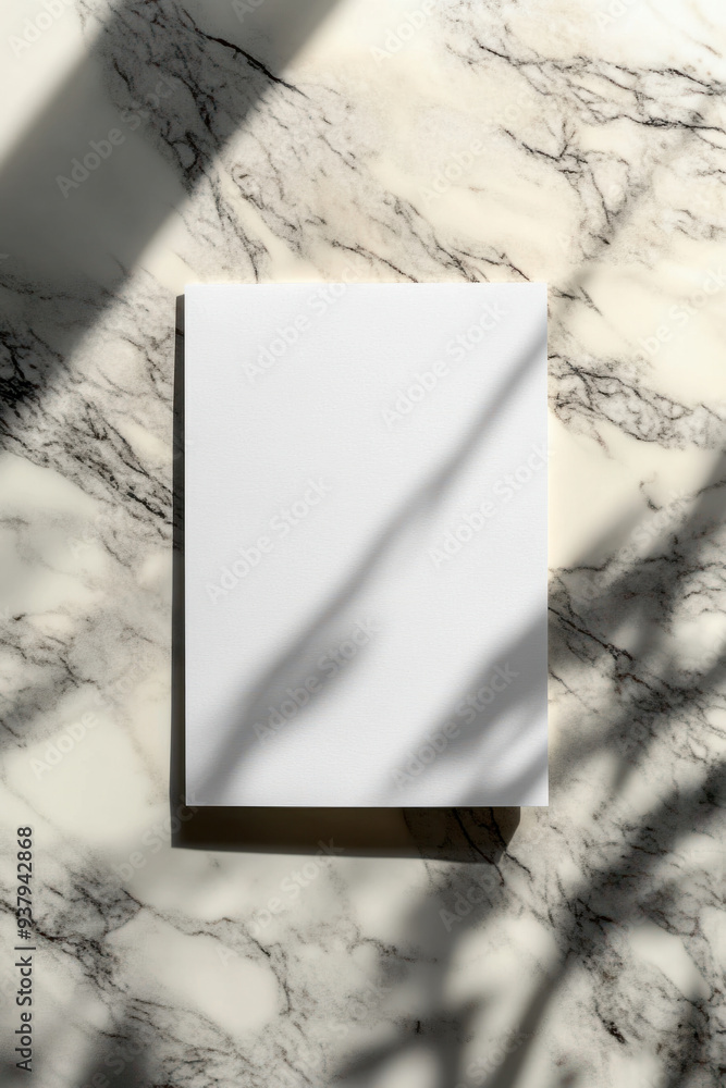 Poster blank paper, a blank sheet of paper resting on a marble surface, with soft shadows creating a minima