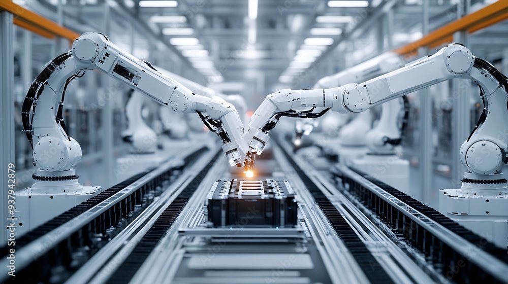 Aufkleber industrial robot arms assemble lithiumion ev battery pack row of white robotic arms at automated pro