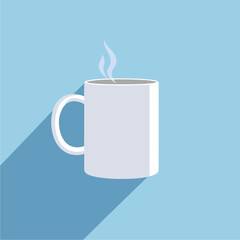 a white mug with a white handle and a blue background with a white smoke in the top right corner.