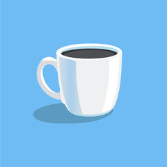 a white mug with a white handle and a blue background with a white smoke in the top right corner.