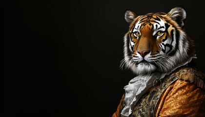 Obraz premium Majestic Renaissance Tiger Portrait: AI-Generated Zodiac Art for Year of the Tiger. Regal Animal Character in Historical Attire for Creative Marketing. Elegant Abstract Design Perfect for Party Invita