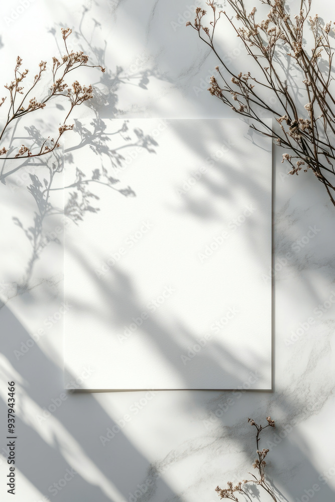 Poster blank paper, a blank sheet of paper resting on a marble surface, with soft shadows creating a minima