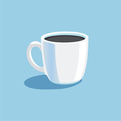 a white mug with a white handle and a blue background with a white smoke in the top right corner.