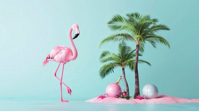 Pink flamingo standing on turquoise background with two palm trees and pink christmas ornaments in the sand.