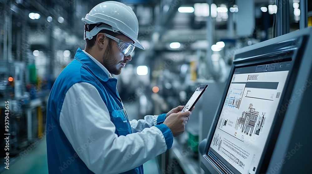Poster worker following factory production line uses screens with industry internet of things smart factory