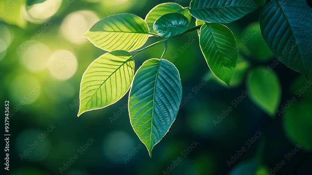 Poster Nature view of green leaf on blurred greenery background in garden with copy space using as background natural green plants landscape ecology fresh wallpaper : Generative AI