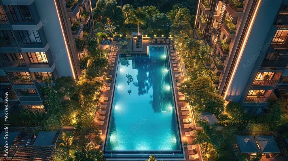 Aufkleber modern condominium with luxurious amenities like a swimming pool and gym. generative ai.