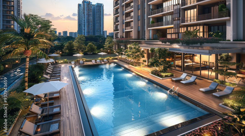 Aufkleber modern condominium with luxurious amenities like a swimming pool and gym. generative ai.