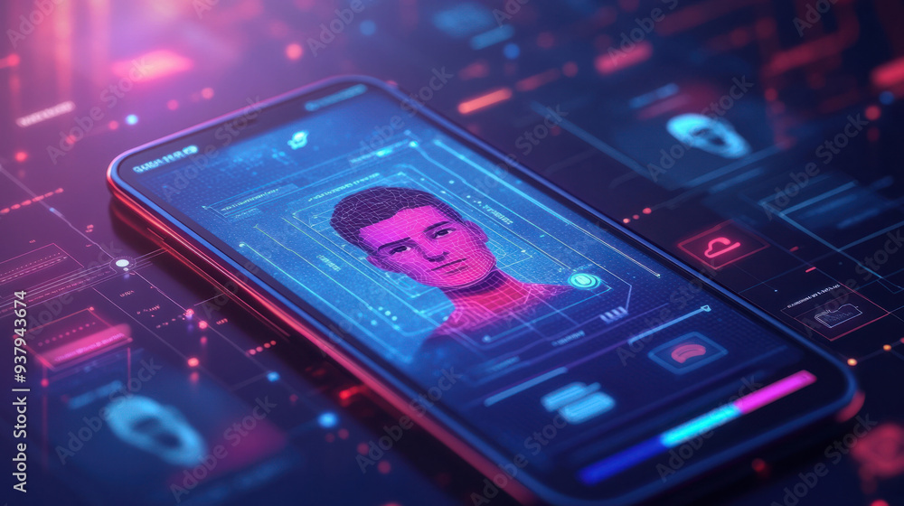 Poster facial recognition, smartphone display illustrating the facial recognition process with a detailed, 