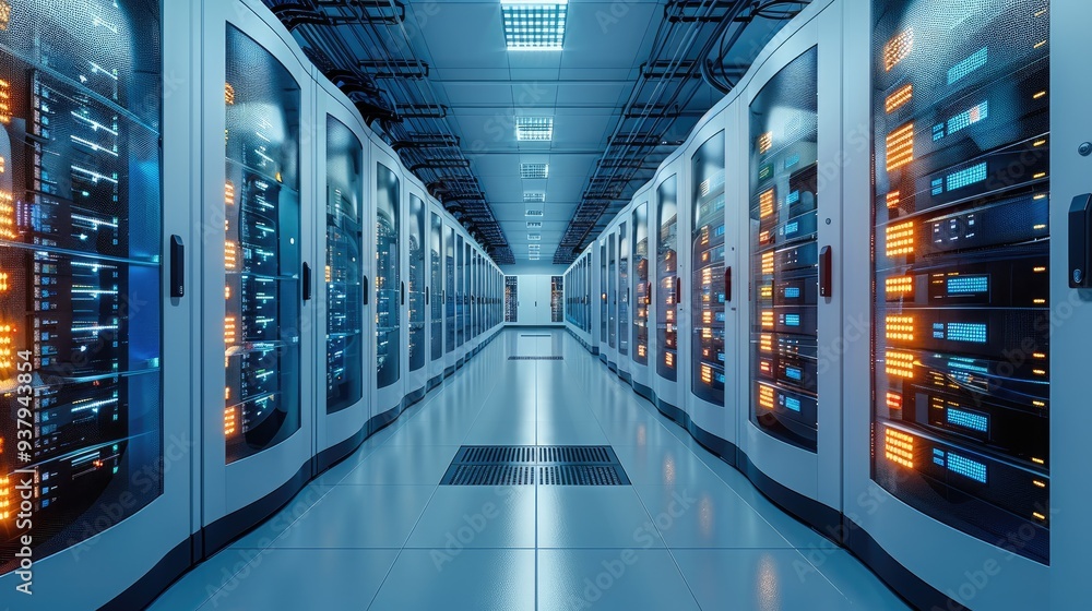 Poster a room filled with servers and data racks. generative ai.