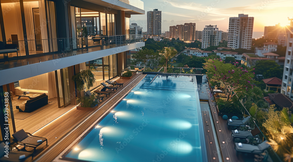 Aufkleber modern condominium with luxurious amenities like a swimming pool and gym. generative ai.