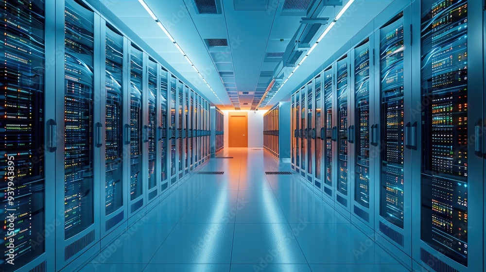 Poster a room filled with servers and data racks. generative ai.
