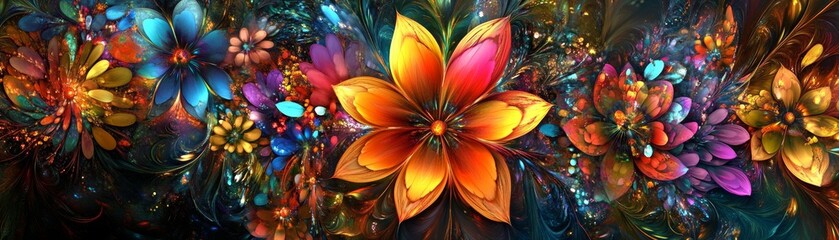 Naklejka premium Rich array of brightly colored, futuristic flowers with reflective surfaces, arranged in a dense, dynamic composition that feels alive with energy