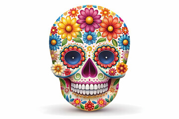 Flat Glossy Calavera with Holographic Cempas chil concept as Close up of a glossy calavera surrounded by holographic cempas chil flowers isolated on a white background offering a colorful and modern D