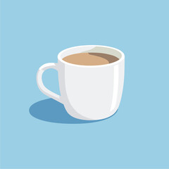 a white mug with a white handle and a blue background with a white smoke in the top right corner.