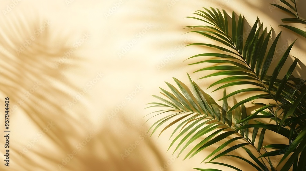 Aufkleber natural palm leaf shadow on light beige sandy color background banner with copyspace summer minimal 