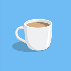 a white mug with a white handle and a blue background with a white smoke in the top right corner.