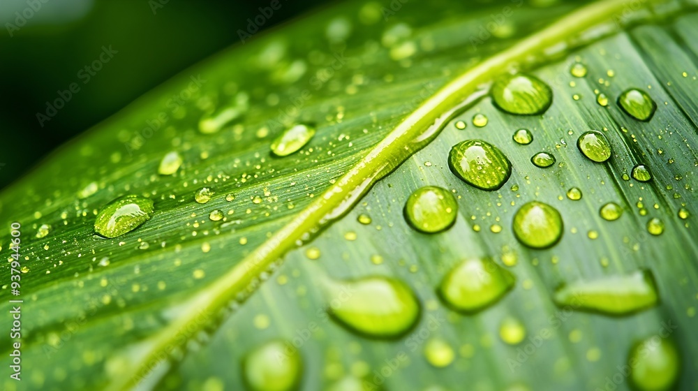 Aufkleber closeup of green banana leaf background with details of a leafcovered in water droplets macro vibran